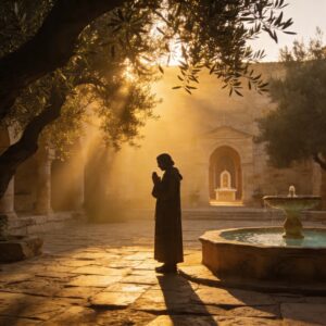 A solitary figure standing in peaceful dawn light in a sacred courtyard, symbolizing the spiritual peace, protection, and divine nearness cultivated through the devotional prayer of the Psalms.