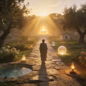 A solitary seeker walking an ancient sacred path toward a glowing sanctuary at dawn, symbolizing the gradual spiritual formation and living practice of the Psalm Initiation Path.