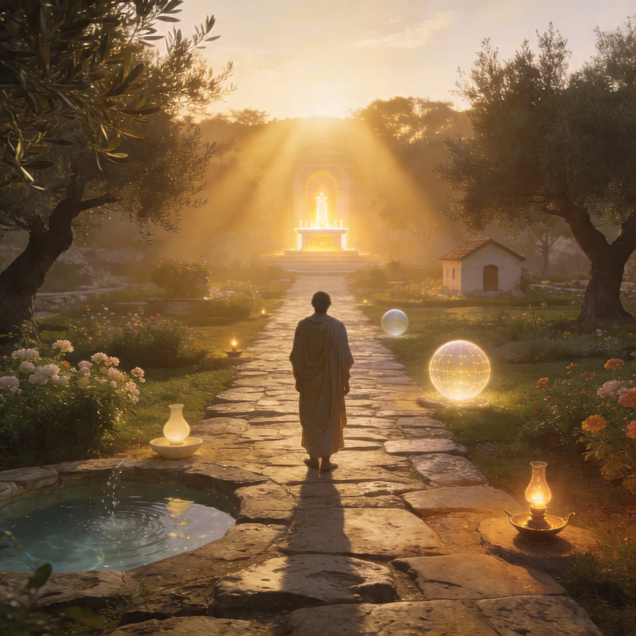 A solitary seeker walking an ancient sacred path toward a glowing sanctuary at dawn, symbolizing the gradual spiritual formation and living practice of the Psalm Initiation Path.