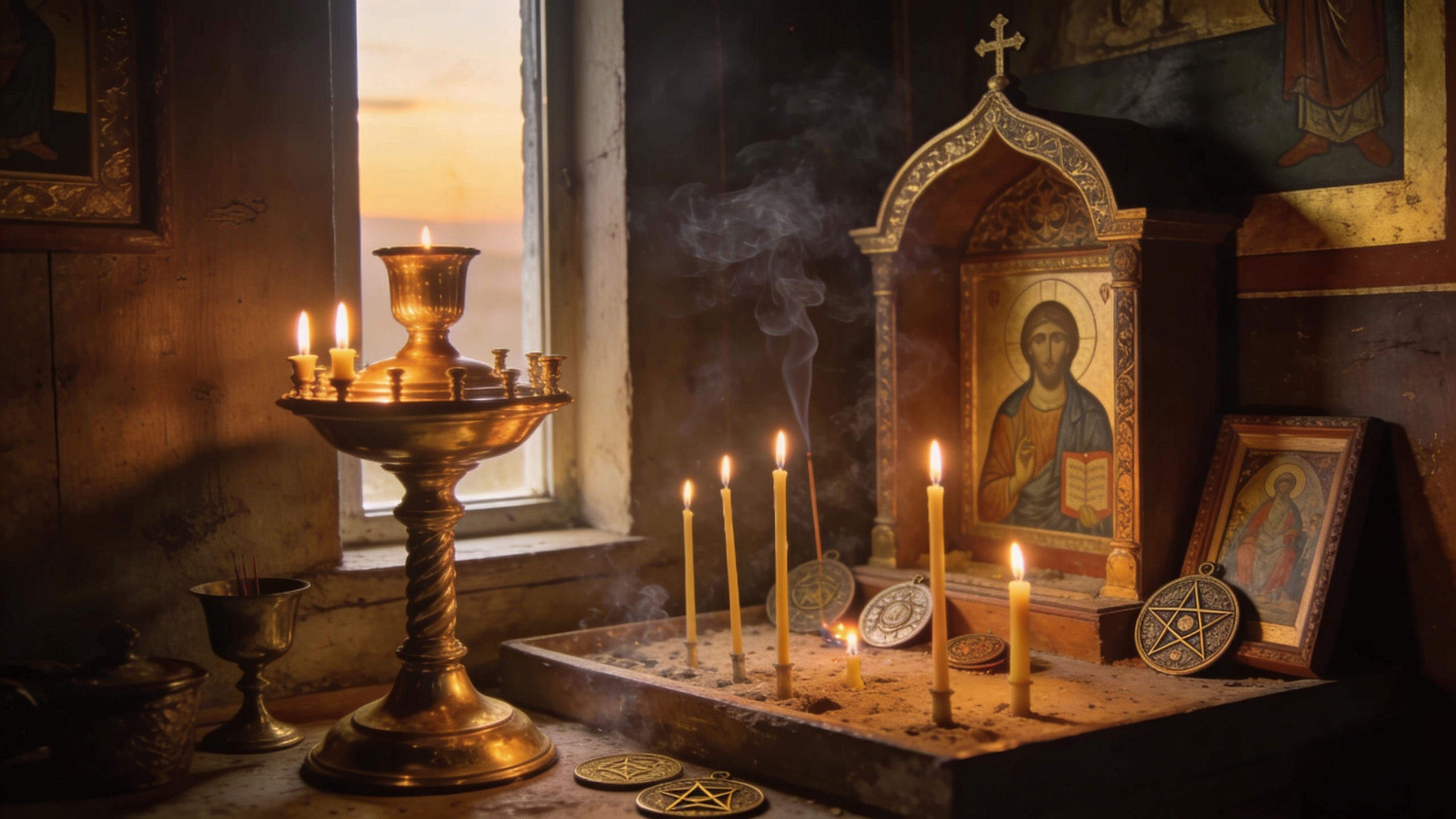 Orthodox-inspired home prayer corner with glowing vigil lamp, beeswax candles, incense haze, and a peaceful sacred atmosphere symbolizing protection, repentance, and calm after Psalm prayer.