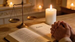 A prayer setup for a court case with an open book of Psalms, a lit candle, and a scale of justice, symbolizing legal mercy, divine favor, and spiritual support before a hearing.