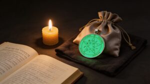 Solomonic pentacle pendant placed on dark linen beside a silk pouch, candle, and prayer book in a devotional daily-use setting