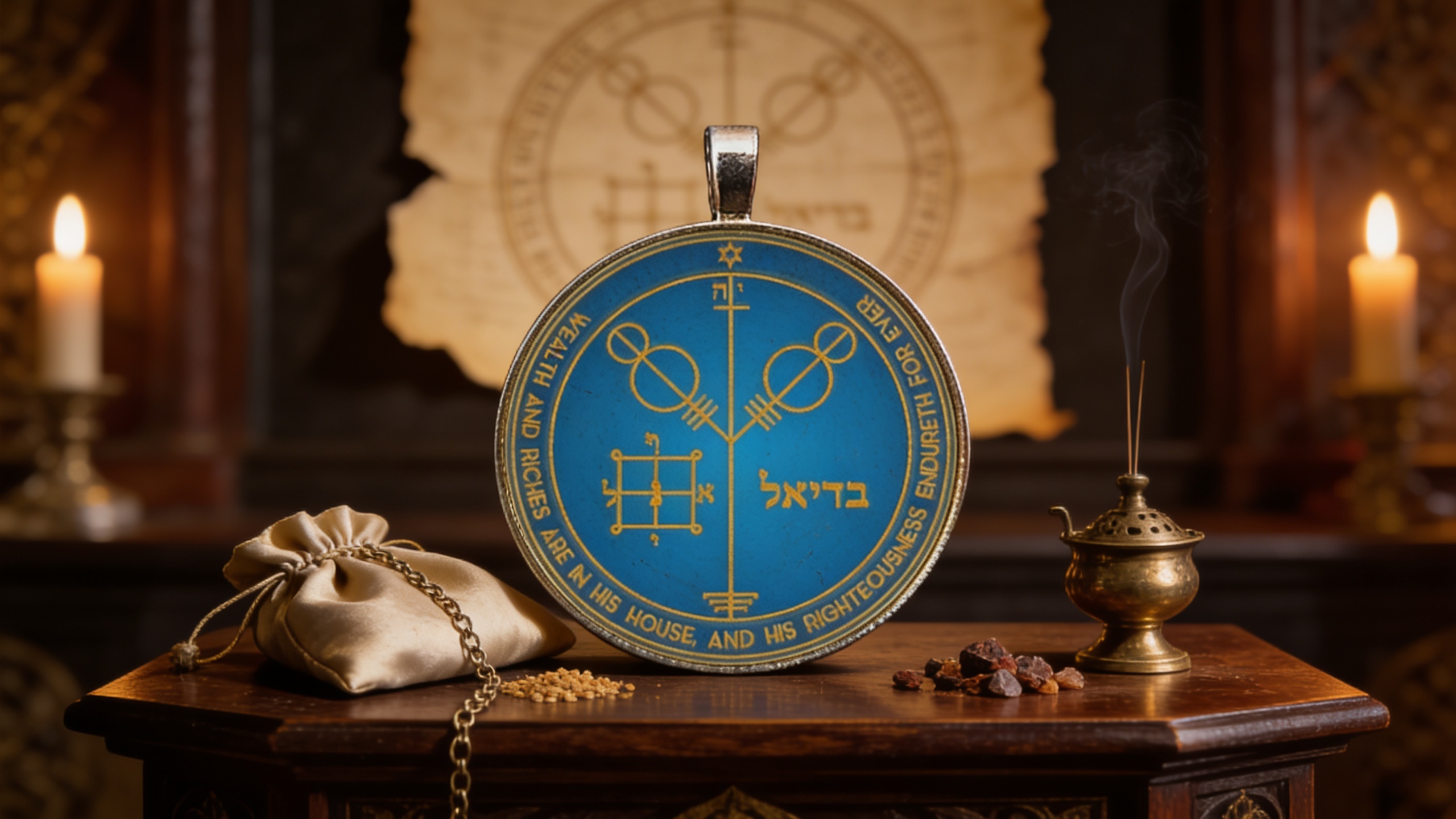 A worn but intact Solomonic pentacle resting on a candlelit altar beside a silk pouch and incense, with a damaged pentacle blurred in the background to symbolize neglect and spiritual compromise.