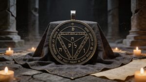 Seventh Pentacle of Saturn from the Key of Solomon displayed in a ceremonial Solomonic setting symbolizing structural judgment, severe correction, and shaken foundations