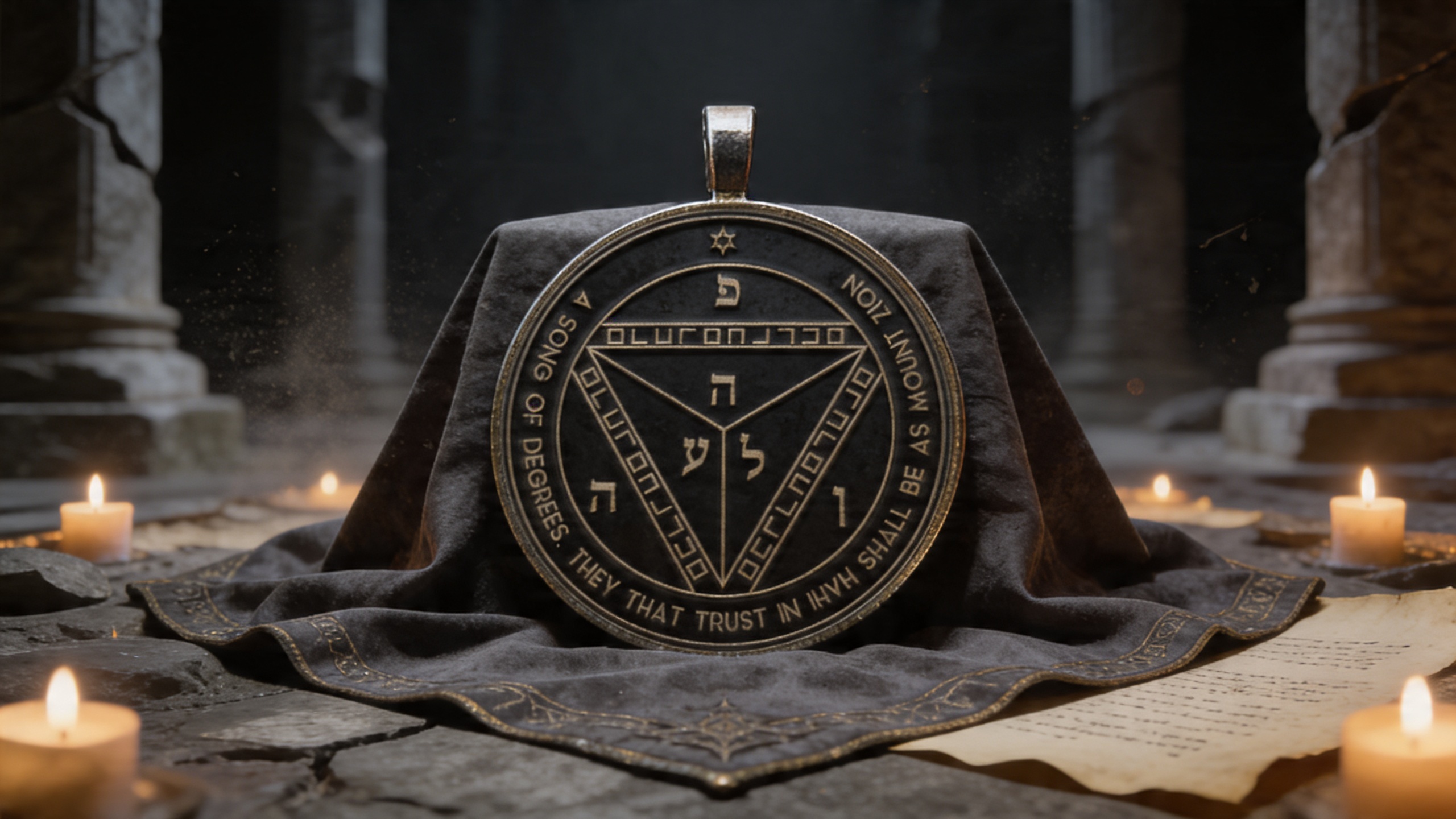 Seventh Pentacle of Saturn from the Key of Solomon displayed in a ceremonial Solomonic setting symbolizing structural judgment, severe correction, and shaken foundations