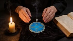 A Solomonic pentacle being ritually activated on a dark altar cloth with candlelight, incense smoke, and an open prayer book.