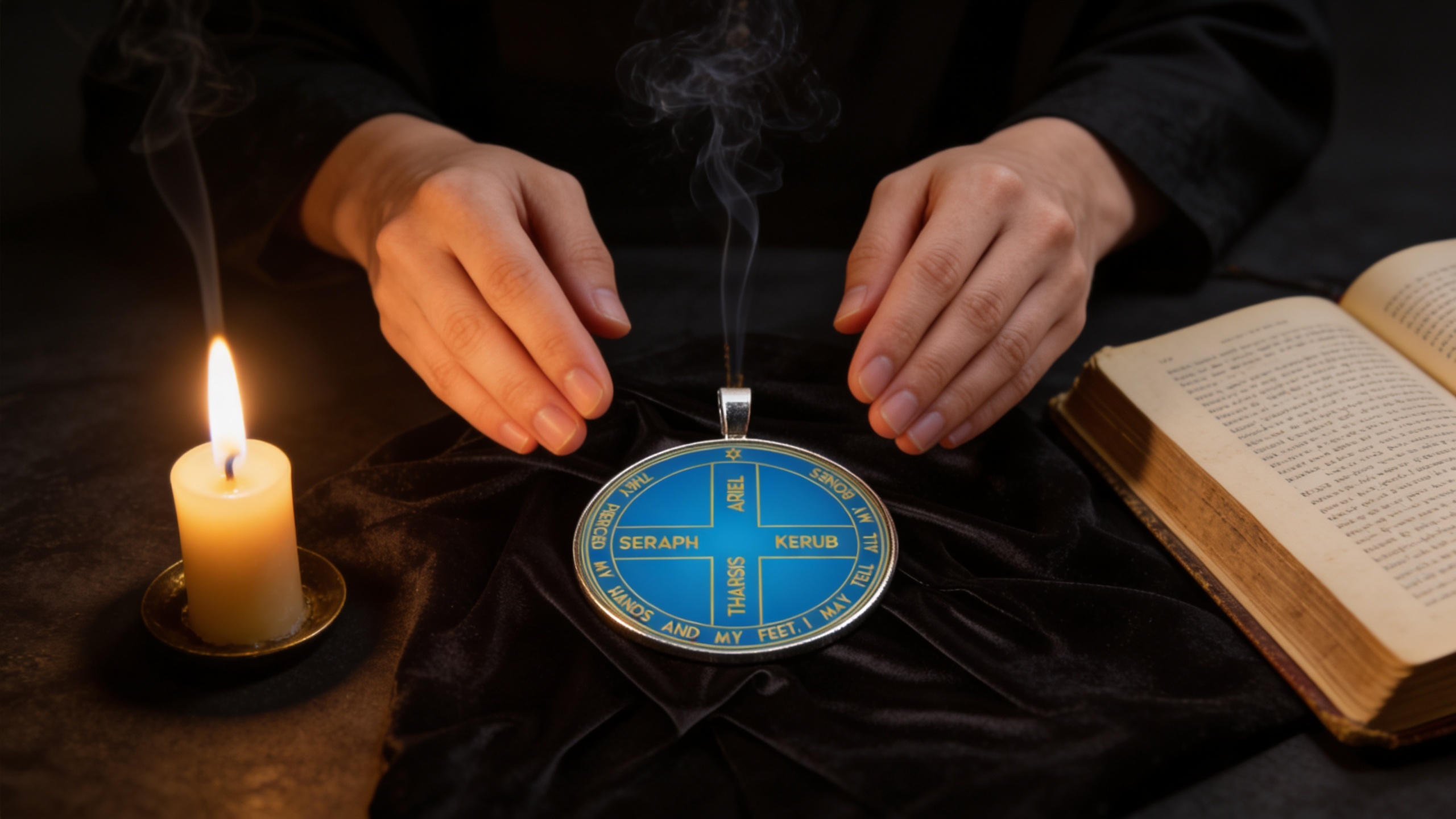 A Solomonic pentacle being ritually activated on a dark altar cloth with candlelight, incense smoke, and an open prayer book.