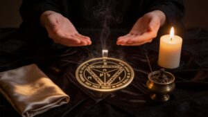 A Solomonic pentacle resting on a dark cloth during a consecration ritual, with incense smoke, candlelight, and a folded silk cloth prepared for sacred storage.