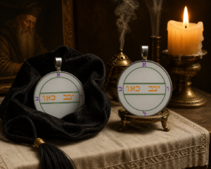Solomonic pentacle shown both covered in silk and revealed on a candlelit altar, illustrating hidden and exposed states in ritual use