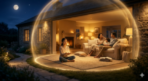 Peaceful home surrounded by soft protective light representing psalms for home blessing and household harmony