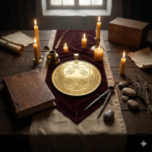 Planetary pentacles arranged in a reflective ritual atmosphere emphasizing emotional balance, contemplation, and healthy ceremonial practice