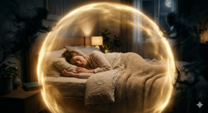 Person sleeping peacefully protected by a glowing light shield representing Psalm 91 spiritual protection during the night