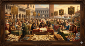 Renaissance-inspired scene representing successful business growth, client trust, opportunity, reputation, and sustainable prosperity