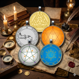 Layered Solomonic road-opening pentacles associated with opportunity, communication, resilience, and symbolic movement in a Renaissance-style ritual setting