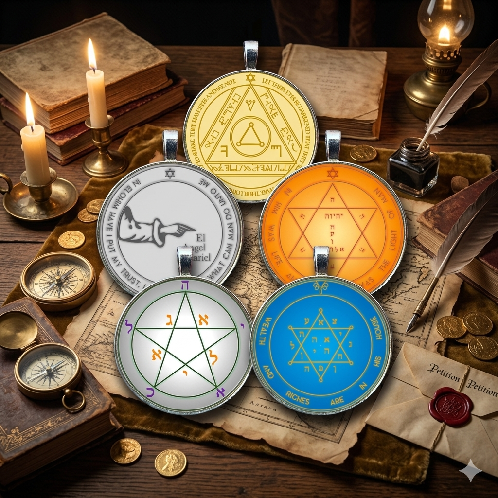 Layered Solomonic road-opening pentacles associated with opportunity, communication, resilience, and symbolic movement in a Renaissance-style ritual setting