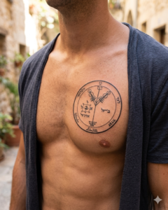 A planetary pentacle tattoo on a person’s chest contrasted with a real engraved pentacle on a candlelit altar, showing the difference between symbol and ritual tool