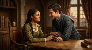 Two people reconnecting emotionally in a warm historical setting while using Solomonic pentacles associated with attraction and harmony
