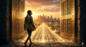 Person walking through glowing open gates symbolizing favor, opportunity, and open roads through Psalm prayer work