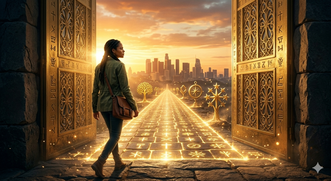 Person walking through glowing open gates symbolizing favor, opportunity, and open roads through Psalm prayer work