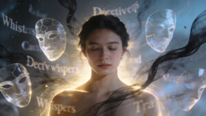 Person standing calmly while deceptive words and masks dissolve around them, symbolizing discernment, emotional clarity, sincerity, and protection from manipulation through Psalm 12