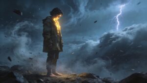 Person standing calmly and firmly during a storm symbolizing emotional grounding, courage, inner refuge, and psychological stability through Psalm 11