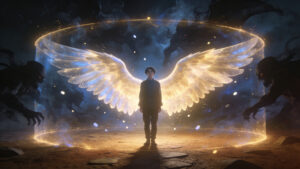 Protected vigilant person beneath wings of light symbolizing emotional boundaries, discernment, psychological protection, grounded vigilance, and safe inner refuge through Psalm 17