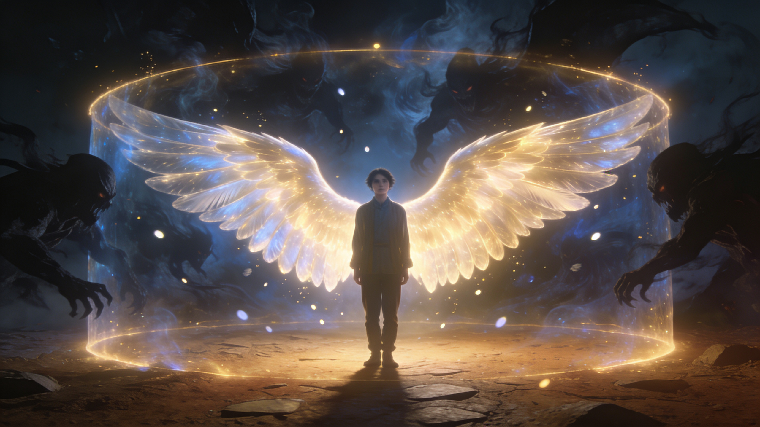 Protected vigilant person beneath wings of light symbolizing emotional boundaries, discernment, psychological protection, grounded vigilance, and safe inner refuge through Psalm 17