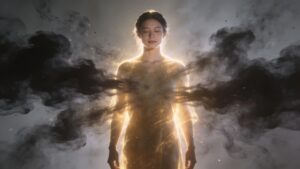 Person surrounded by light as dark negative energy is gently pushed away, representing spiritual reversal and protection using Psalms