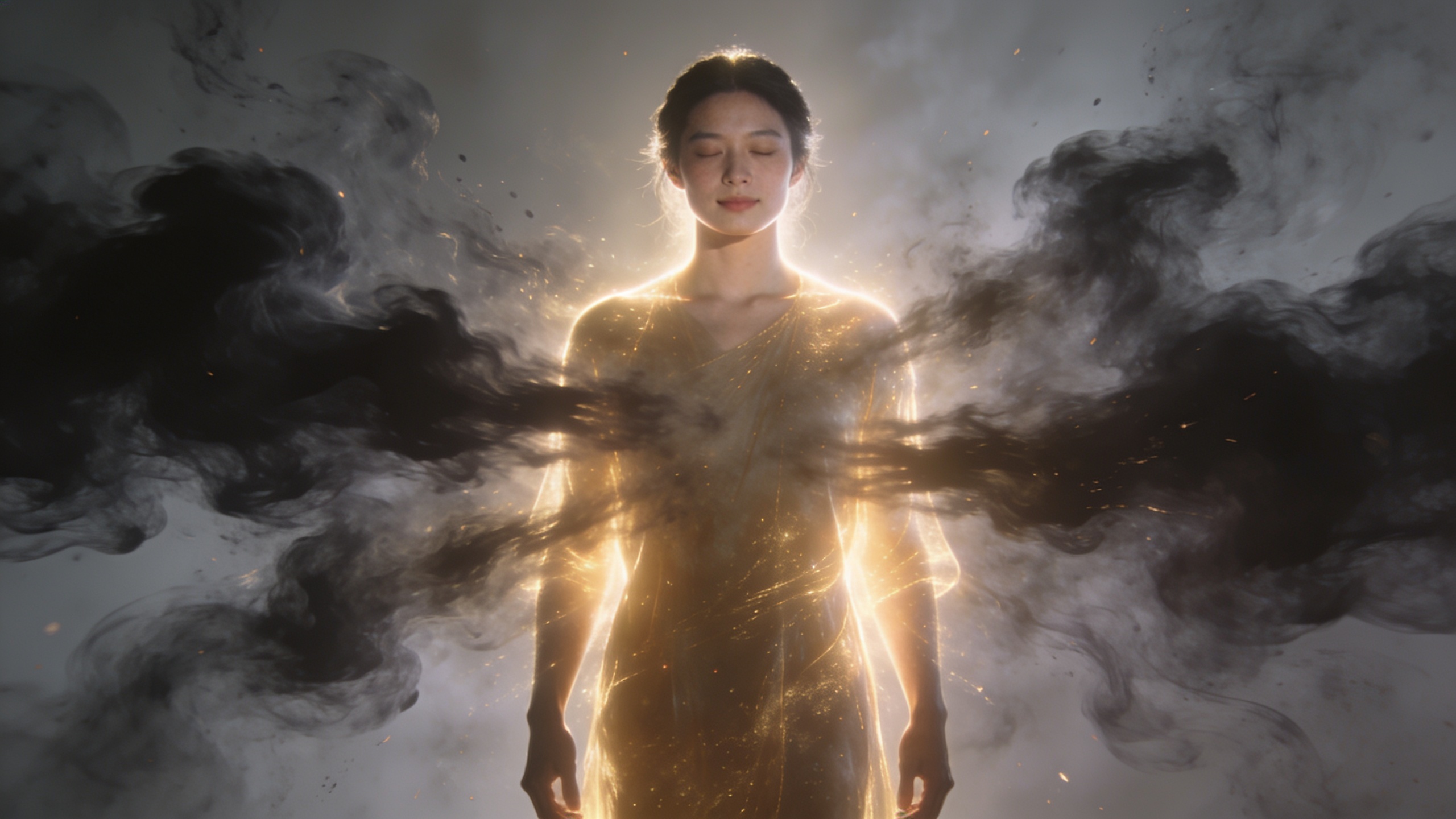 Person surrounded by light as dark negative energy is gently pushed away, representing spiritual reversal and protection using Psalms