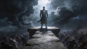 Calm powerful figure standing firm above storm and chaos symbolizing authority, resistance, sacred confidence, and protection through Psalm 2