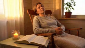 Recovering person resting peacefully with healing Psalms and soft candlelight symbolizing spiritual recovery support and emotional restoration