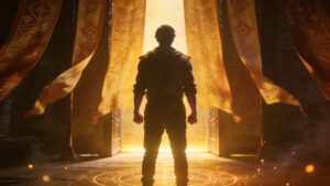 Confident person standing before an important opportunity with banners and golden light symbolizing preparation, readiness, success, courage, focused action, and confidence through Psalm 20.