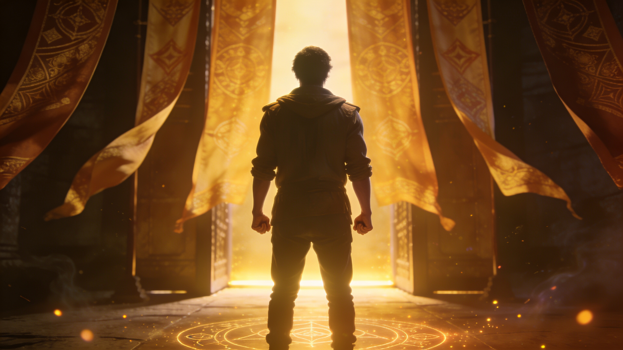 Confident person standing before an important opportunity with banners and golden light symbolizing preparation, readiness, success, courage, focused action, and confidence through Psalm 20.