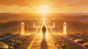 Person standing before a glowing open road symbolizing prosperity, opportunity, and movement through psalm prayer work