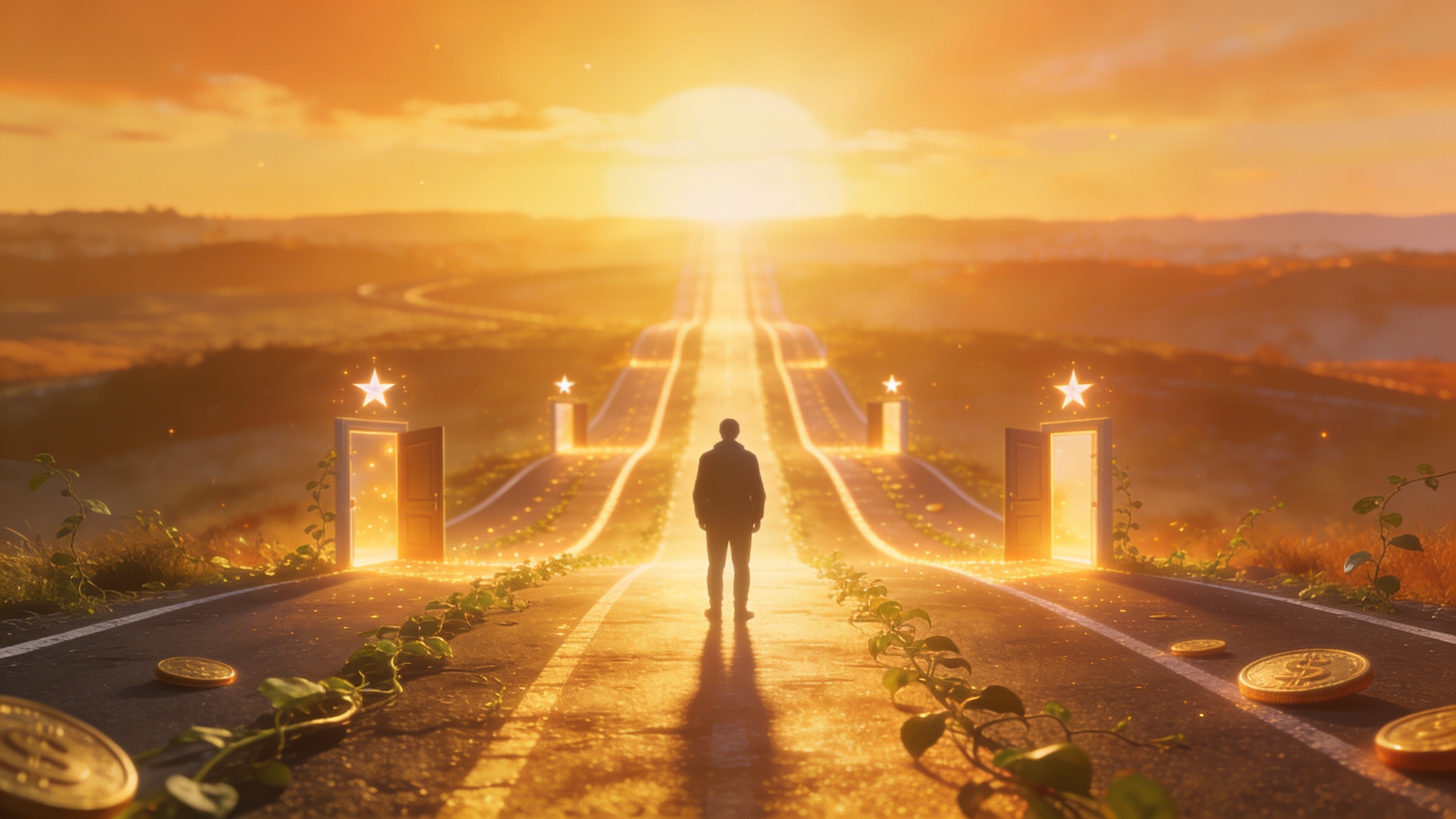 Person standing before a glowing open road symbolizing prosperity, opportunity, and movement through psalm prayer work