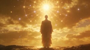 Illuminated person beneath radiant sky symbolizing wisdom, mental clarity, disciplined awareness, truthful perception, integrated consciousness, and spiritual illumination through Psalm 19