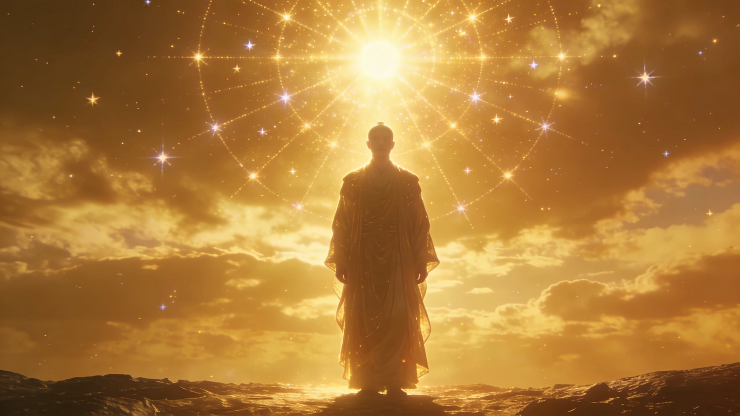 Illuminated person beneath radiant sky symbolizing wisdom, mental clarity, disciplined awareness, truthful perception, integrated consciousness, and spiritual illumination through Psalm 19