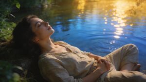 Peaceful grounded person near calm waters symbolizing emotional safety, inner refuge, grounded joy, nervous-system calm, and emotional stability through Psalm 16