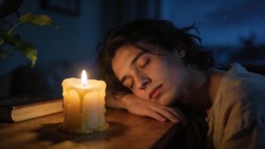 Peaceful resting figure beside candlelight symbolizing emotional balance, calming anger, peaceful sleep, and inward trust through Psalm 4