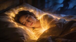 Peaceful sleeping person surrounded by protective light symbolizing nighttime Psalm protection against fear and spiritual disturbance