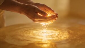 Person using glowing water for spiritual cleansing and protection representing Psalm prayer water