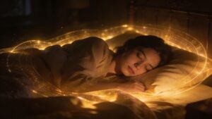 Sleeping person protected by calming golden light representing psalms for fear, nightmares, and peaceful sleep