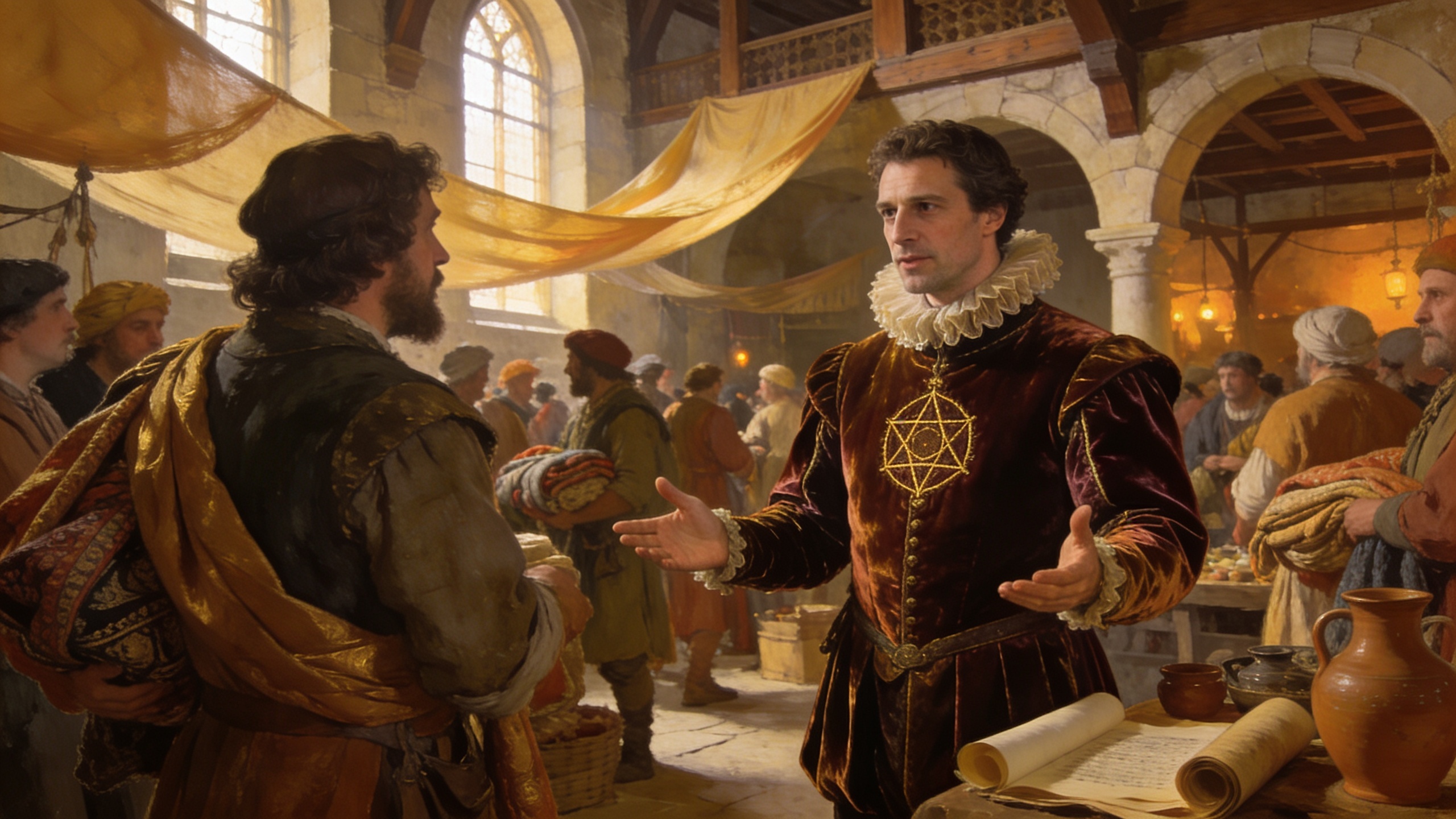 Confident individual using Solomonic pentacles in a setting associated with business, influence, opportunity, and prosperity