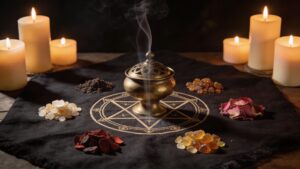 Solomonic pentacle on an altar surrounded by natural incense resins and rising smoke, illustrating planetary incense use in ritual practice