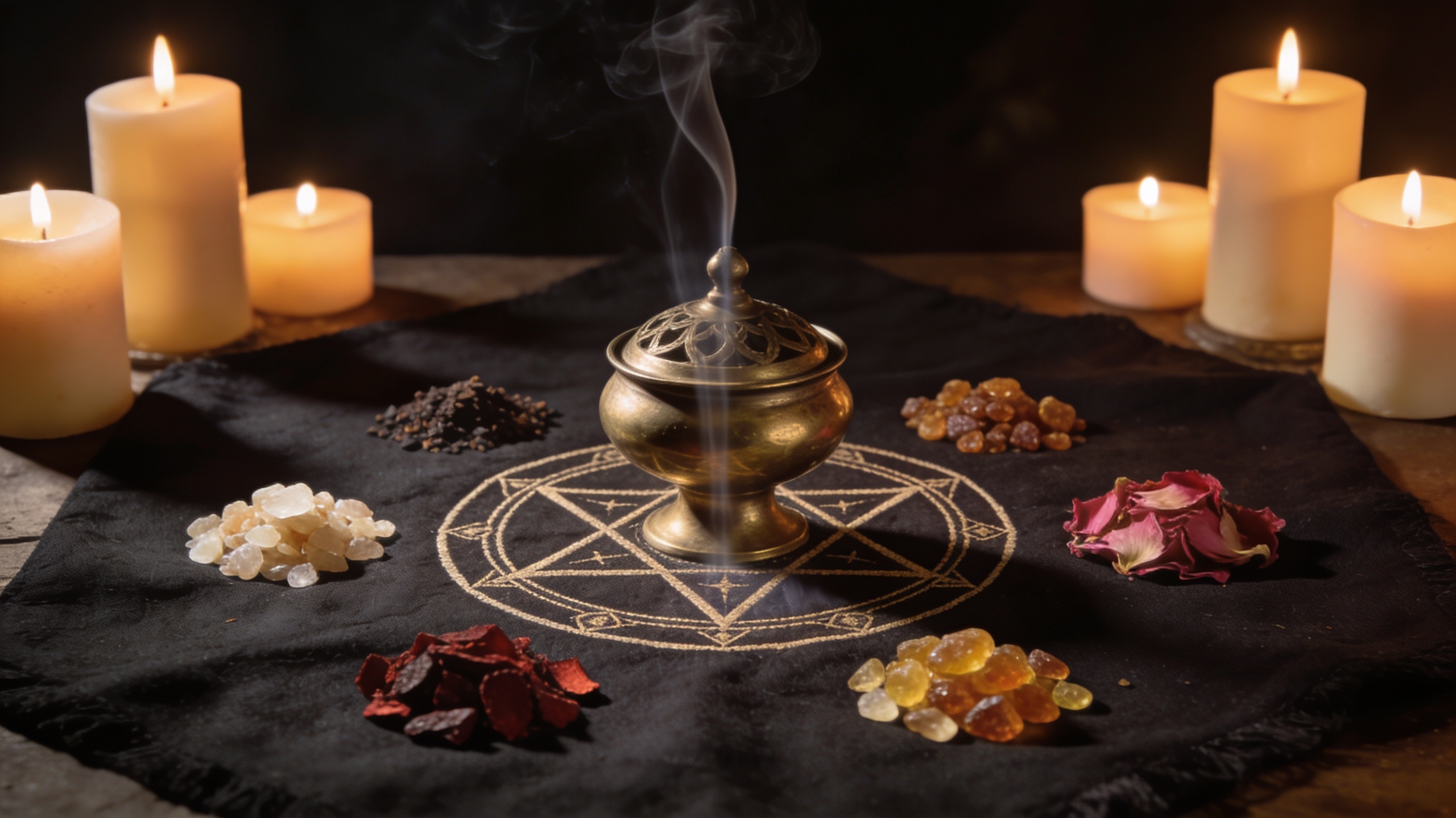 Solomonic pentacle on an altar surrounded by natural incense resins and rising smoke, illustrating planetary incense use in ritual practice