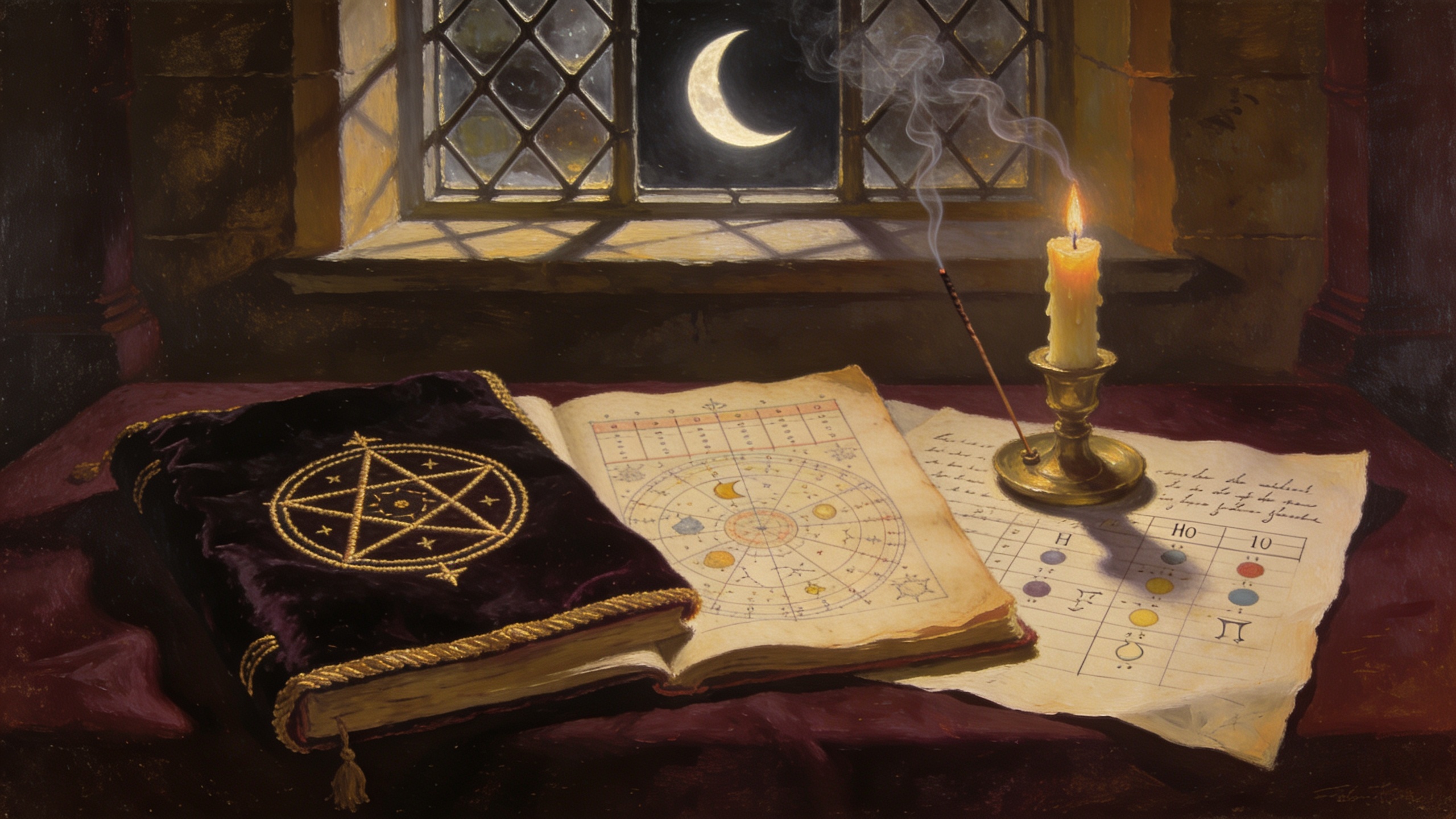 Solomonic pentacle beside a planetary timing chart and lunar calendar on a candlelit altar, illustrating timing for pentacle work