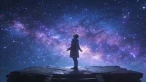 Person standing beneath a vast starry sky symbolizing awe, sacred perspective, contemplative spaciousness, and restored wonder through Psalm 8