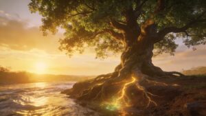 Strong tree beside flowing water symbolizing wisdom, rooted prosperity, discipline, and spiritual alignment from Psalm 1