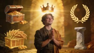Grateful successful person beneath a golden crown of light symbolizing prosperity, fulfilled achievement, stewardship, responsible leadership, gratitude, abundance, and sustainable success through Psalm 21.