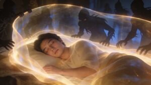 Peaceful sleeping figure protected from darkness symbolizing safety, emotional calmness, protection, and courage through Psalm 3